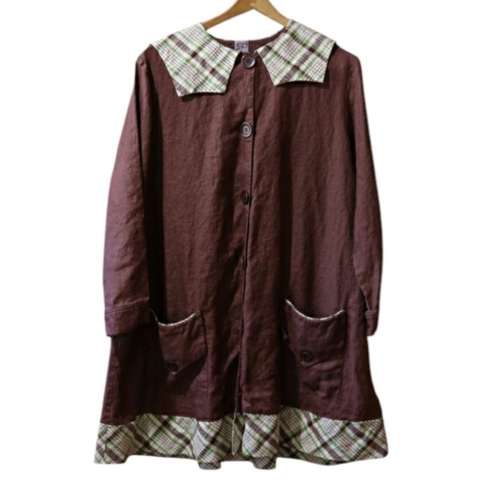 Patina Linen Brown Mini Dress w Peter Pan Plaid Collar Size Large